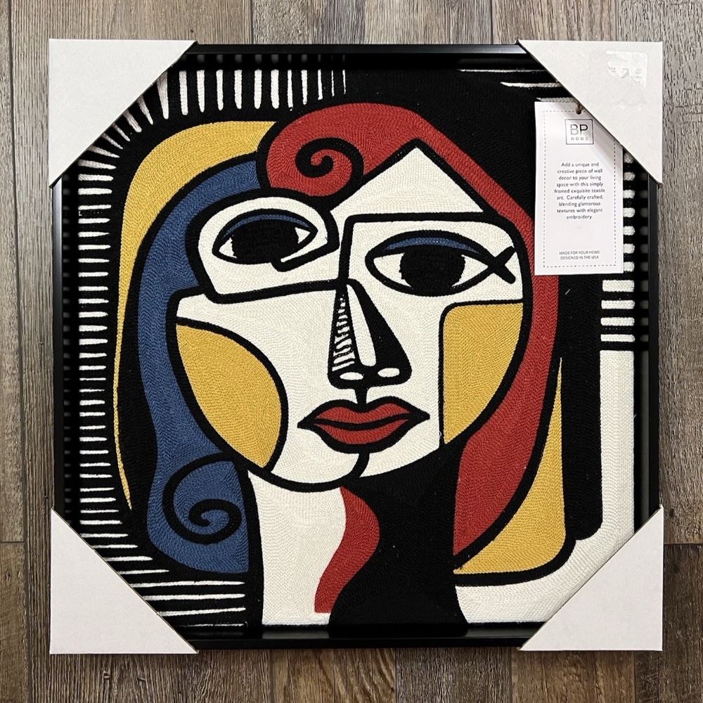 Home Embroidery Textile Cubism Face Wall Art (17” x 17”) 100% Cotton Materials